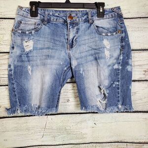 Vanity Women's Distressed Jean Shorts Size 30 Frayed Hem Bermuda Cutoff Blue Den
